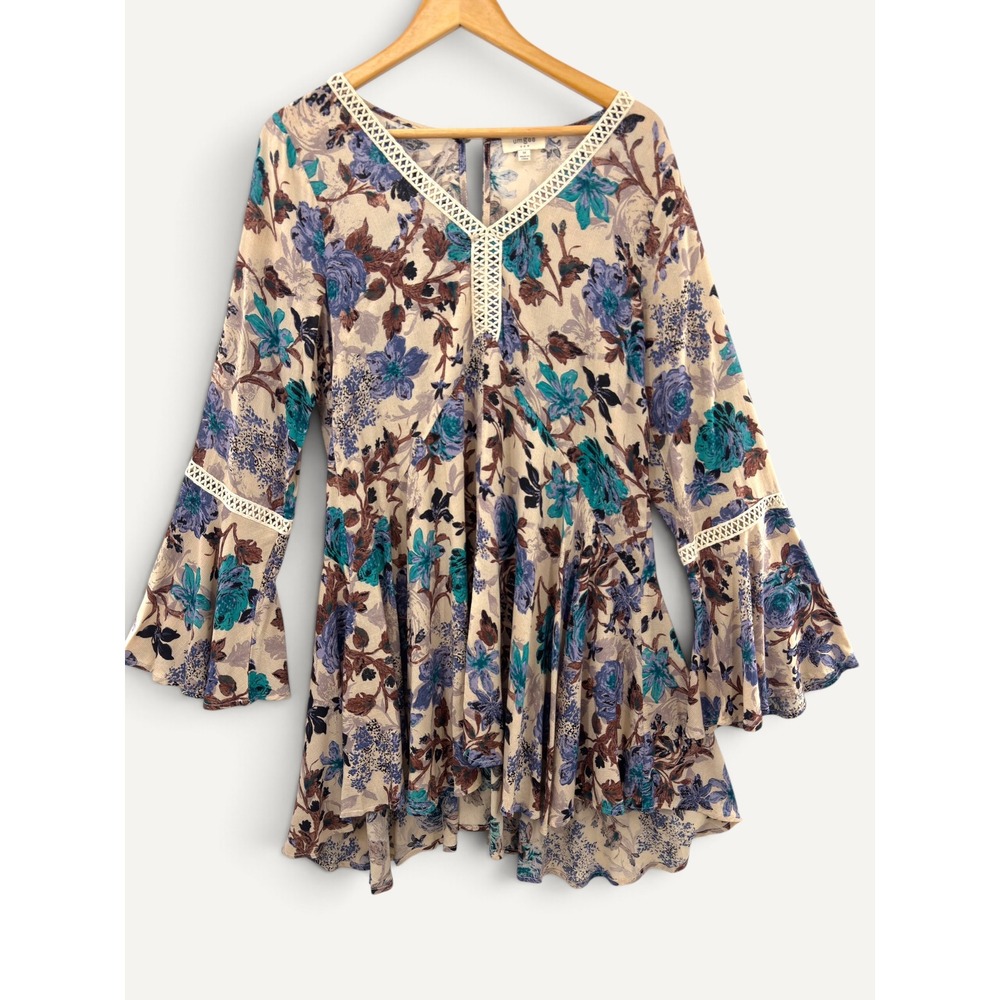 Umgee M Cotton Blend Tunic Dress Floral Bell Sleeve Crochet Trim Boho Hippie